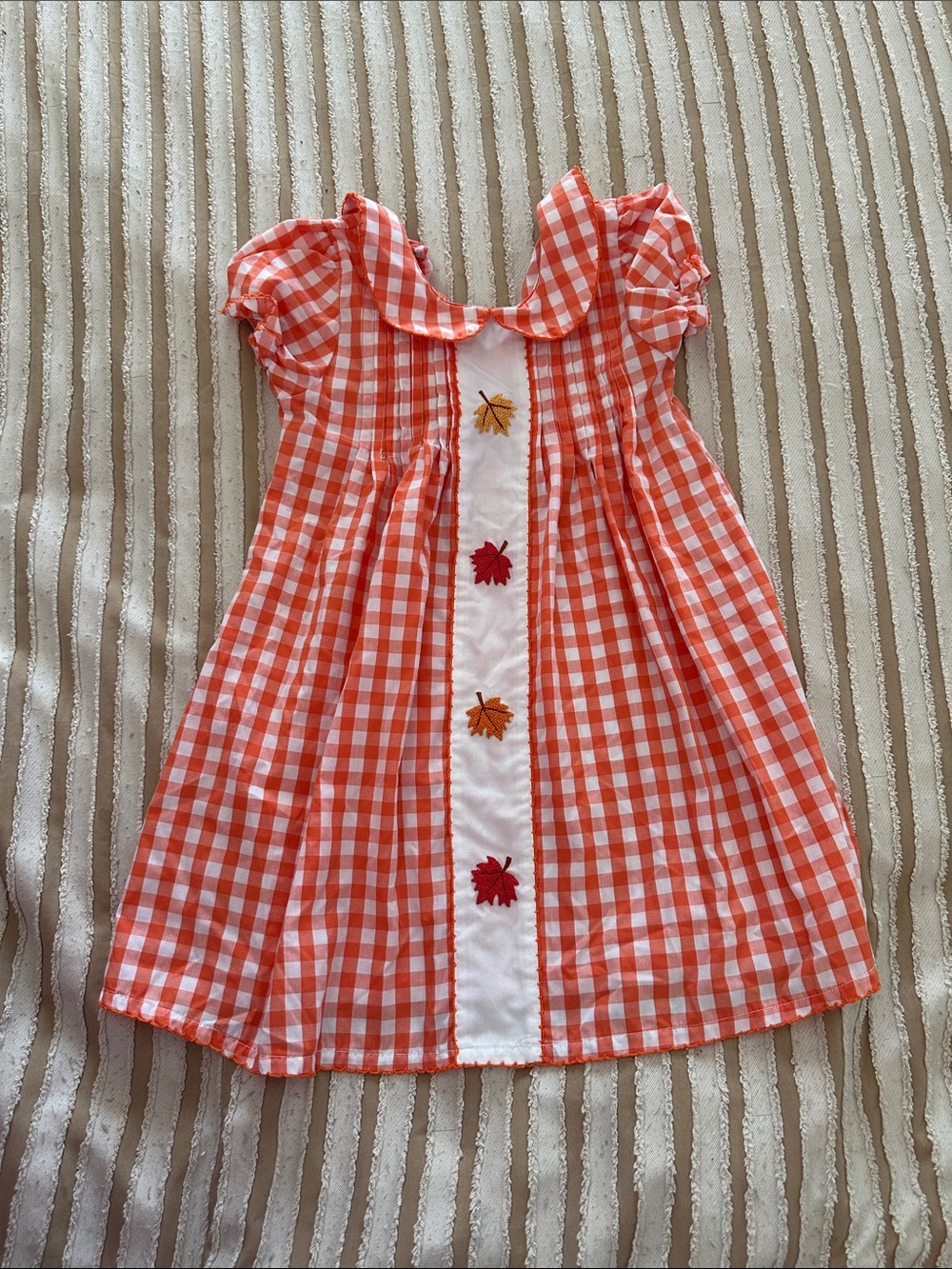 Sweet Dreams Orange and White Gingham Dress with Leaf Appliqués